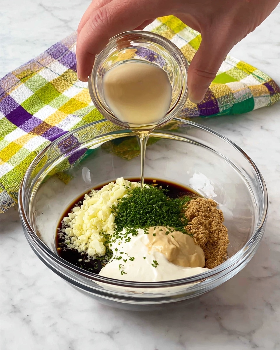 A clear glass bowl on a white marbled surface holds several layers of ingredients for a sauce: a base of thick white cream, a dark soy-colored liquid on one side, bright green chopped herbs near the top, small pale yellow minced pieces beside the herbs, a beige smooth dollop towards the front, and a grainy brown dollop next to it. A woman's hand is pouring a thin, light-colored liquid from a small clear glass cup above the bowl. In the background, a colorful checkered towel with green, yellow, purple, and white squares adds contrast. photo taken with an iphone --ar 4:5 --v 7