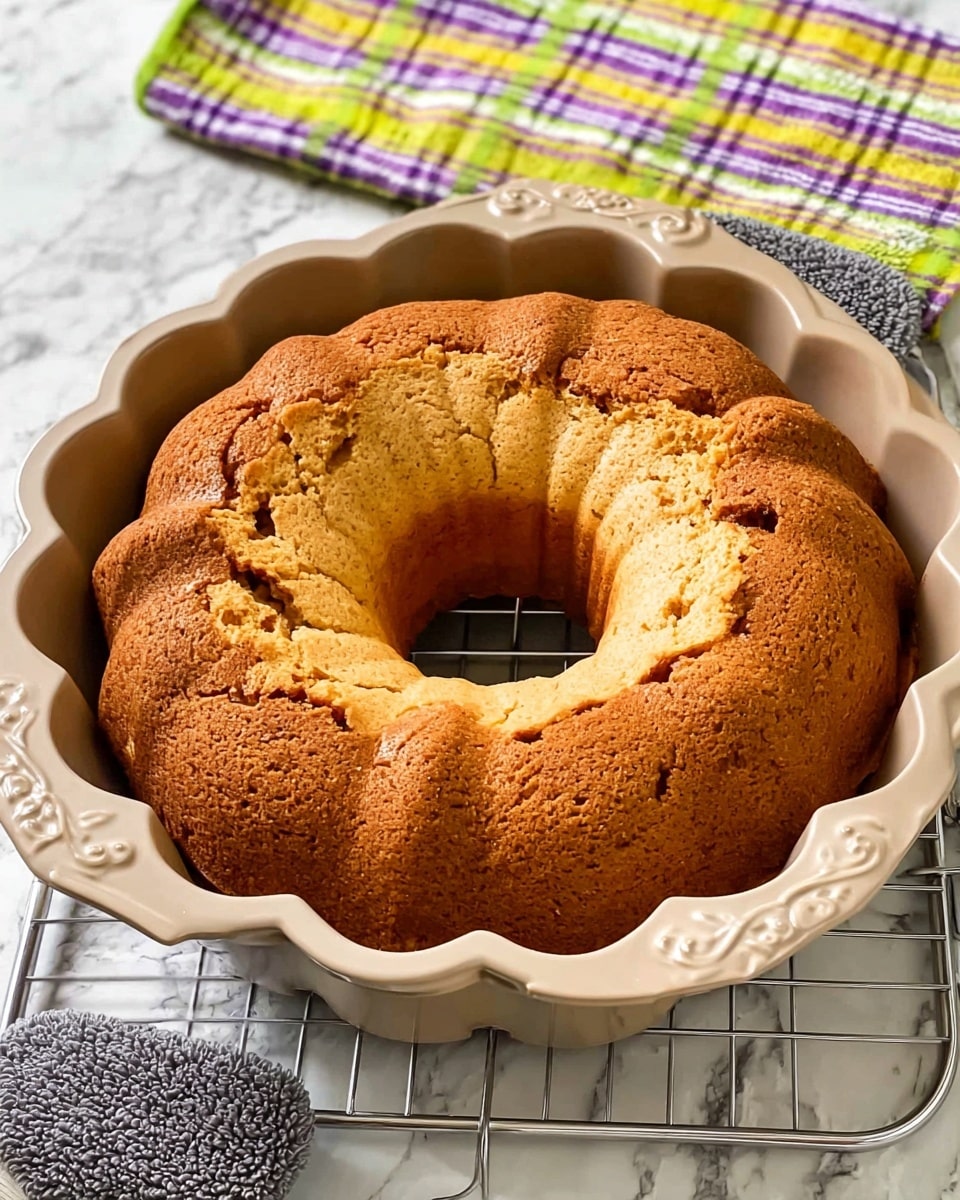 A golden brown bundt cake sits fresh out of the oven in a light beige bundt pan with decorative handles. The cake has a rough, cracked top with a slightly darker golden ring around the center hole. The edges are uneven and crisp, spreading to the scalloped sides of the pan. Under the pan is a wire rack on a white marbled surface, and in the background, a folded yellow, green, purple, and white checkered cloth is visible. Two gray oven mitts with textured surfaces frame the bottom of the pan. The photo taken with an iphone --ar 4:5 --v 7