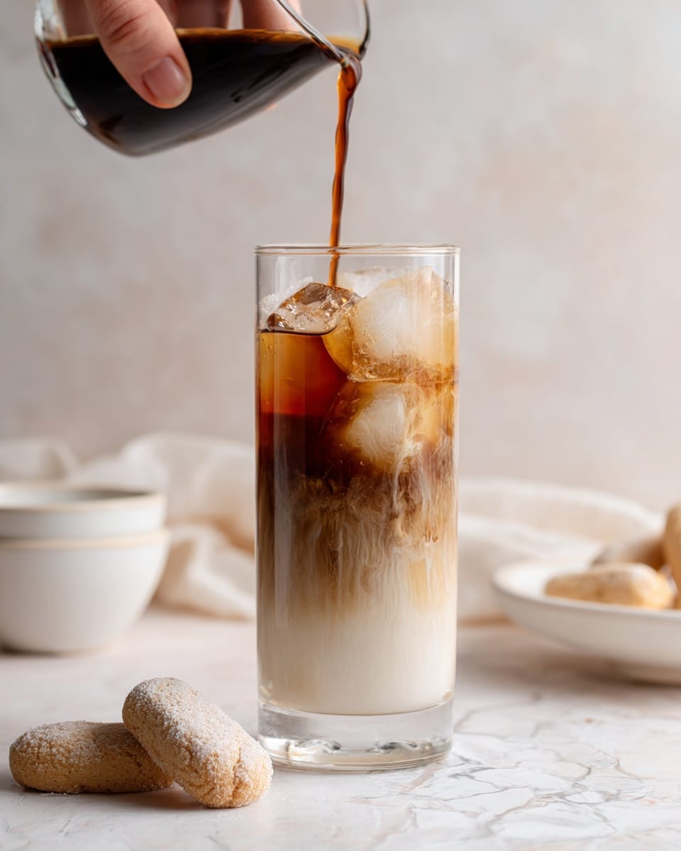 The image shows six containers of ingredients arranged neatly on a white marbled surface. At the top left, there is a clear glass cup filled with dark brown liquid with a frothy top. To the right, there is a white scalloped bowl filled with smooth white cream. Below the glass cup, there is a round light gray bowl holding a thick white creamy substance. Next to it on the right, a small light gray bowl contains a small amount of white liquid with bubbles. At the bottom left, two gold metal measuring spoons with wooden handles hold liquids: the larger one is filled with white powder and the smaller one with red liquid. photo taken with an iphone --ar 4:5 --v 7