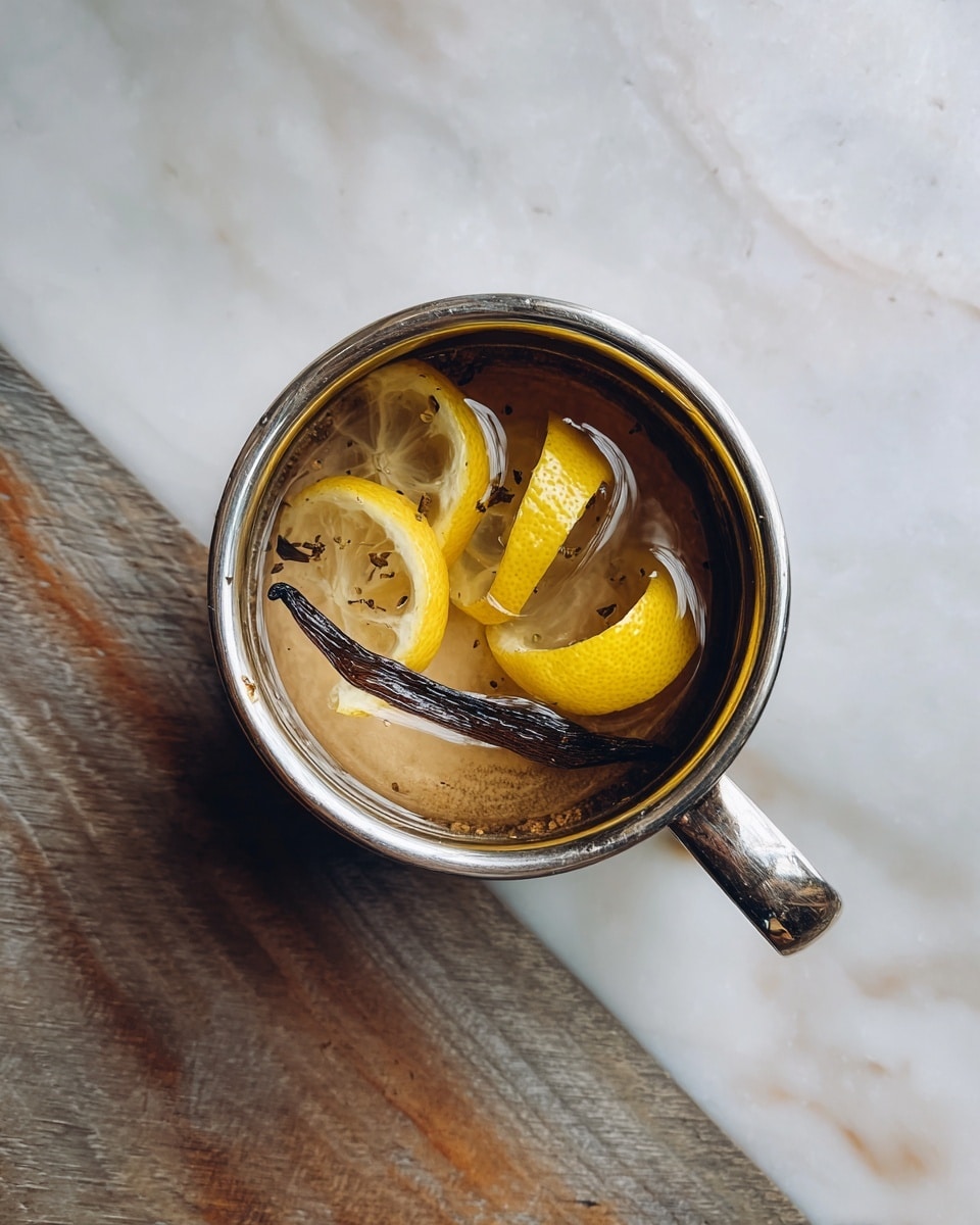 A small silver pot sits on a wooden surface next to a white marbled background, filled with a light brown liquid. Floating inside are three twisted yellow lemon peels and one dark brown vanilla bean, partially submerged. The liquid has a glossy texture, showing some light reflection on the surface. The pot handle extends to the right. photo taken with an iphone --ar 4:5 --v 7