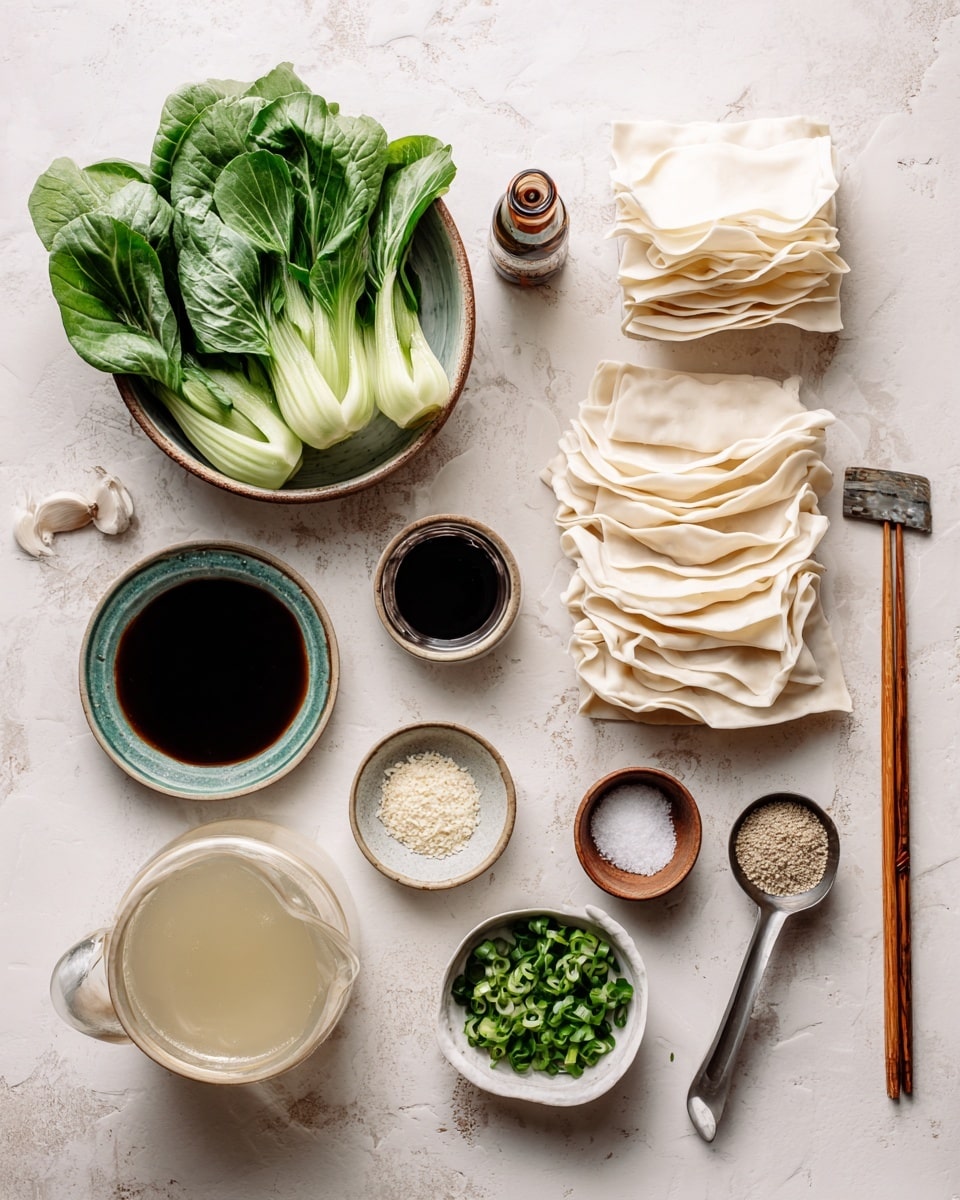 A white bowl filled with clear broth contains several dumplings that have pale, smooth, slightly shiny wrappers folded in layers creating soft, rounded shapes. A white spoon with a blue detail holds one dumpling above the bowl, showing its folded, delicate wrapper with a hint of green inside. Small green chopped scallions float in the soup and are scattered on a wooden board next to the bowl. The scene is placed on a white marbled surface with a blurred blue cloth in the background. Photo taken with an iphone --ar 4:5 --v 7