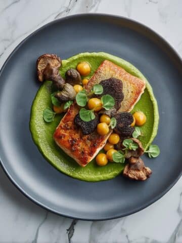 Seared Steelhead Trout with Truffled Pea Sauce, Roasted Baby Potatoes, and Sautéed Mushrooms Recipe
