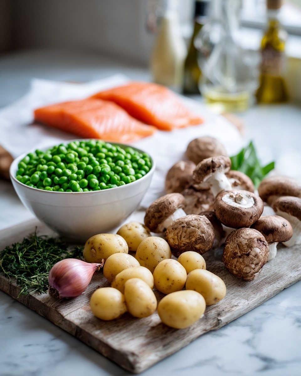 The image shows fresh ingredients arranged on a wooden board set on a white marbled surface. In the front, there are small round yellow potatoes scattered loosely. Next to the potatoes, a cluster of brown mushrooms with textured caps and stems is placed. A small shallot with shiny, pinkish skin lies near the mushrooms. Behind these, a white bowl is filled to the top with bright green peas. To the left of the bowl, several sprigs of green herbs lie flat on the board. In the background, two pieces of fresh orange salmon are resting on white paper. Behind the ingredients, there are three bottles, likely containing cooking oils or seasonings, out of focus. Soft natural light comes from a window in the rear, lighting the scene gently. photo taken with an iphone --ar 4:5 --v 7