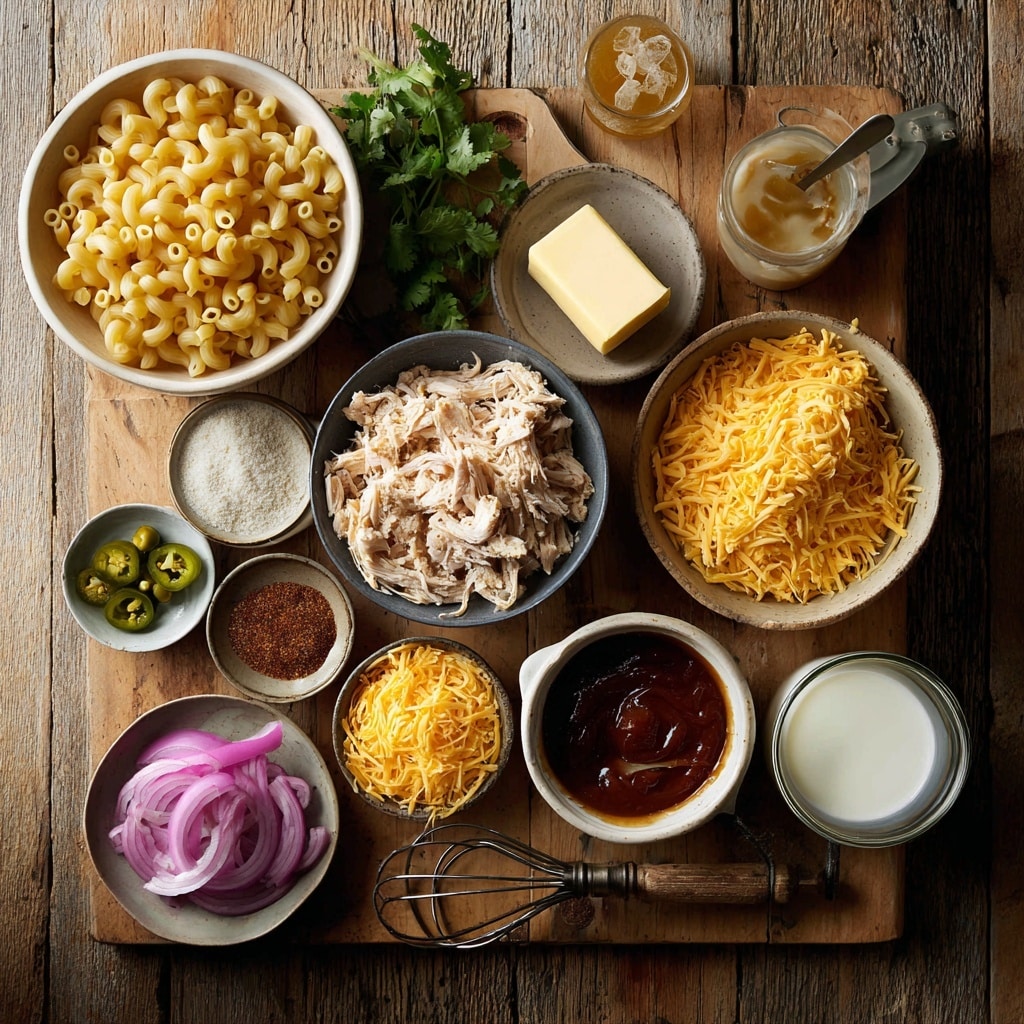 A round white dish filled with creamy yellow macaroni and cheese forms the base layer, with a thick layer of shredded reddish-brown seasoned chicken spread evenly on top. Bright pink pickled onion slices are scattered over the chicken, along with slices of green jalapeño peppers. Small bits of chopped green herbs are sprinkled across the whole dish. The dish sits on a metal baking tray with a textured white marble surface beneath. Around it are a small bowl with extra pink pickled onions, sliced green jalapeños on a white dish, two glasses of amber drink, and a striped cloth with a silver fork and spoon on the tray. photo taken with an iphone --ar 4:5 --v 7
