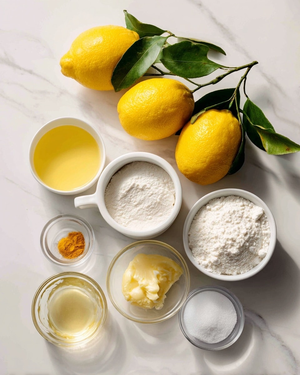 The image shows eight items placed on a white marbled surface. There are two whole bright yellow lemons with green leaves attached, positioned at top left and bottom center. In the middle, there is a white cup filled with white flour. Around the cup are seven small clear glass bowls or containers holding different ingredients: one has a golden yellow melted butter with some clumps, another has a light yellow liquid, one contains white granulated sugar, another has white powdered sugar, one bowl contains a grainy white substance, and a small bowl at the top holds a small amount of orange powder. The scene is brightly lit with a clean and fresh look. photo taken with an iphone --ar 4:5 --v 7