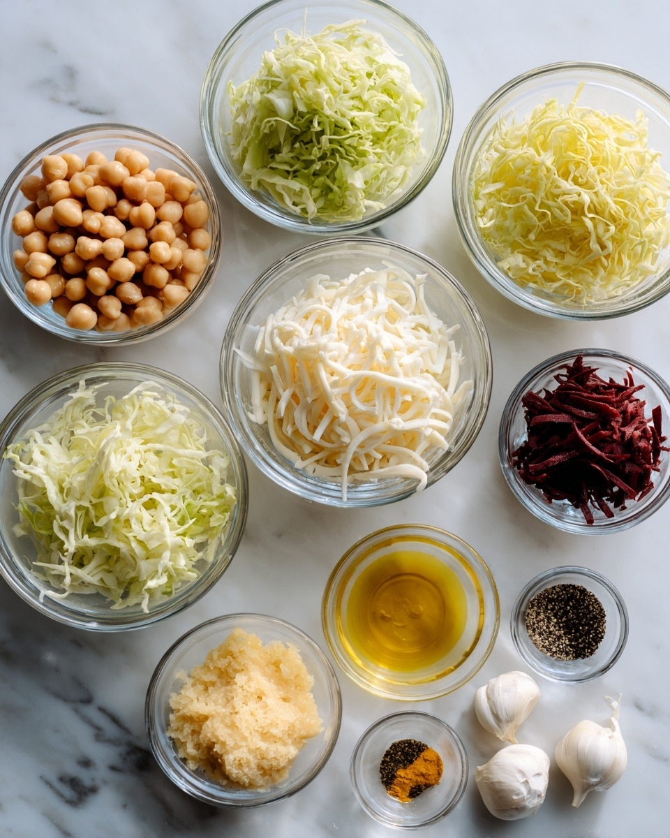 Nine small clear glass bowls are arranged on a white marbled surface, each holding different ingredients. From left to right behind, there are chickpeas with a light beige color and a bowl of shredded pale green lettuce next to another bowl with finely shredded light yellow lettuce. In the center, a bowl holds thin strips of dark red meat, while next to it is a bowl filled with white shredded cheese. In front of these, there is a small amount of grated pale yellow cheese, next to a mustard yellow paste, a small pool of golden yellow oil, and two small bowls with salt and black pepper. At the very front, two small white garlic cloves rest in a small clear bowl. The whole setup looks clean and organized. photo taken with an iphone --ar 4:5 --v 7