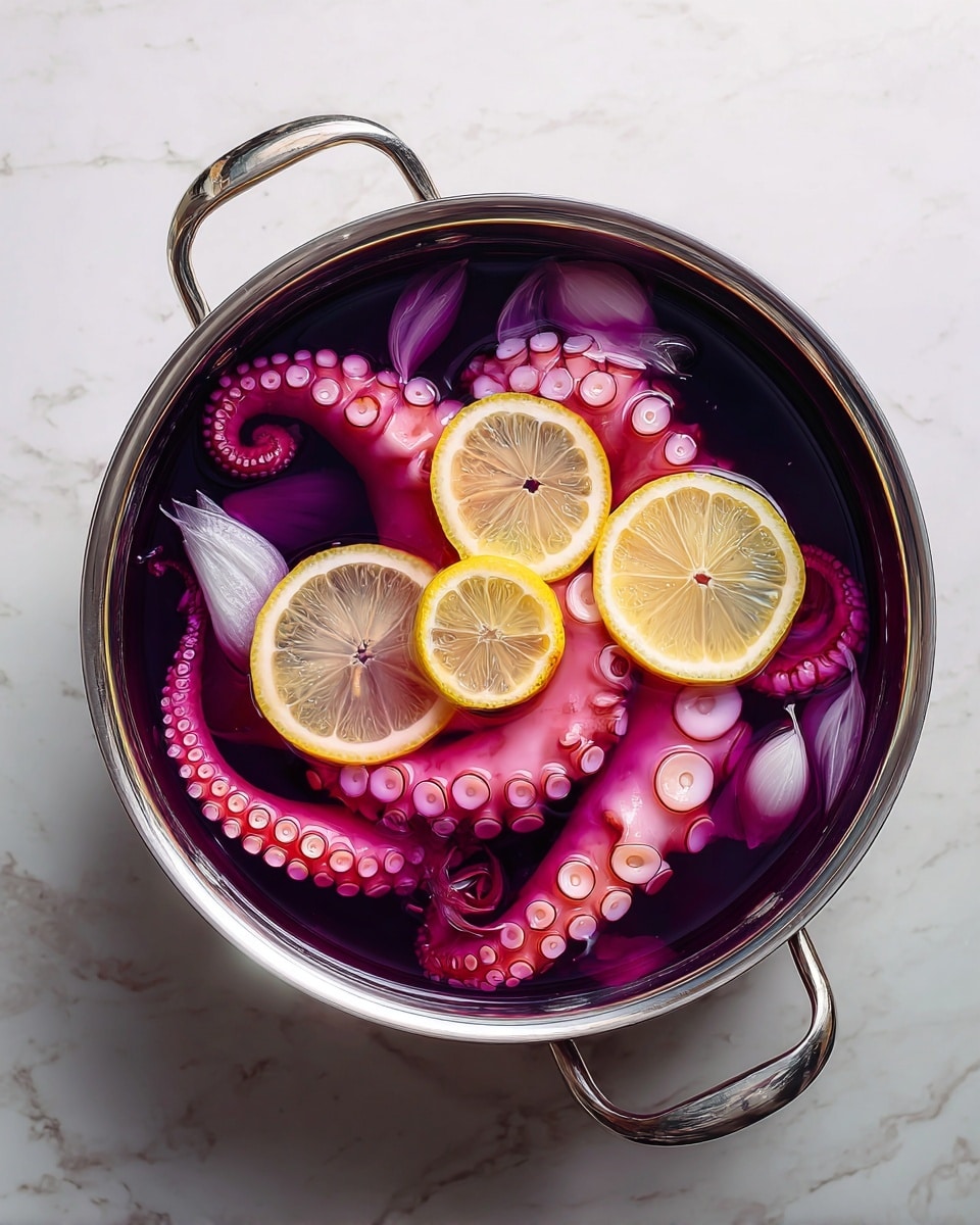 A silver pot filled with dark purple water, containing large pink octopus tentacles with visible suction cups arranged around the pot. Inside the pot, there are also bright yellow lemon wedges and translucent white onion layers floating on the surface. The pot has two handles and is placed on a white marbled textured surface. photo taken with an iphone --ar 4:5 --v 7