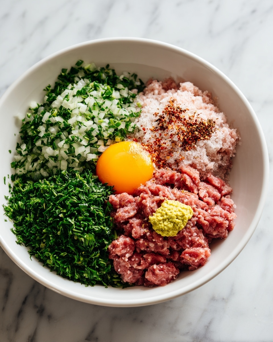 The image shows a cooking process in three parts: the top left part has six raw, round patties with a pinkish color and small bits of herbs and onion mixed in, all arranged in a black skillet with some oil. The top right part shows the same six patties now cooked to a light brown with a slightly crispy texture on the surface, still in the skillet with oil. The bottom part displays seven fully cooked patties, browned and crispy, resting on a paper towel on a white marbled surface, with a metal spatula nearby. Photo taken with an iphone --ar 4:5 --v 7