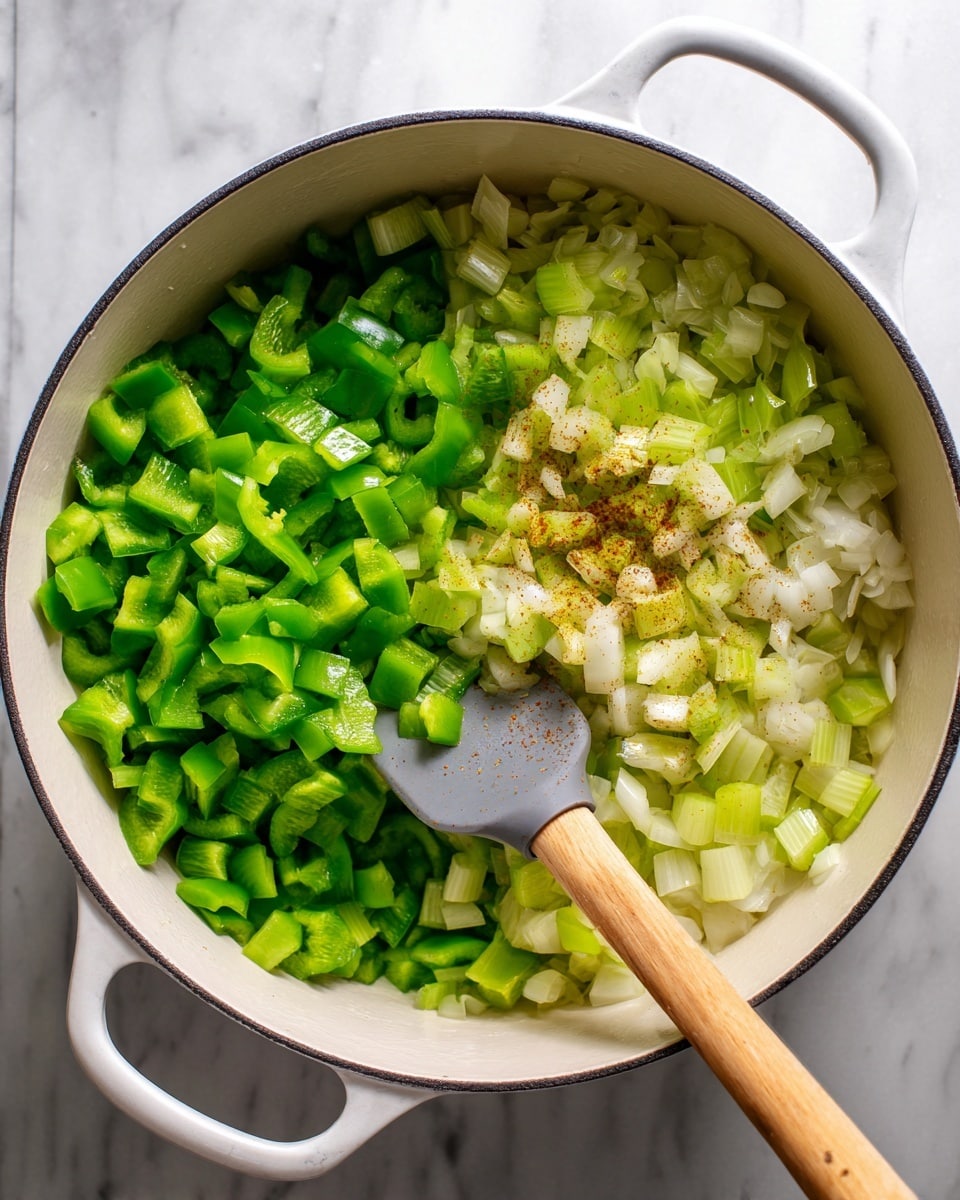 A white pot filled with three main layers of cooked vegetables: bright green chopped bell peppers, light green celery pieces, and translucent, soft white onion chunks with some brown spices sprinkled on top. A grey spatula with a light wooden handle rests inside the pot, touching the vegetables. The pot sits on a white marbled surface. photo taken with an iphone --ar 4:5 --v 7
