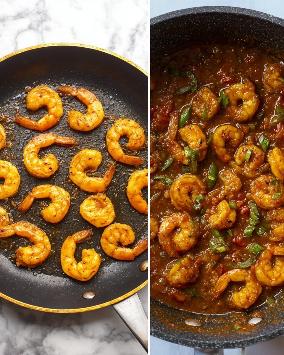 The image shows two parts side by side. On the left, there is a black frying pan with a gold rim on a white marbled surface, containing one layer of evenly spaced cooked shrimp that are orange with slight browning. On the right, there is a close-up of a black pot with a thick, reddish-brown sauce filled with cooked shrimp in one layer, mixed with green sliced herbs and small bits of tomato in the sauce, all on a white marbled surface. The shrimp are plump and coated with the sauce, and the sauce looks rich and textured with visible herbs and spices photo taken with an iphone --ar 4:5 --v 7