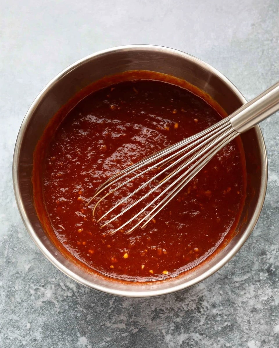 A close-up image of a shiny silver metal bowl filled with thick, dark red sauce with small visible bits inside. The sauce has a smooth yet slightly chunky texture and fills the bowl almost to the top. A metal whisk with thin, shiny silver wires is resting inside the bowl, coated with the sauce. The bowl is placed on a white marbled surface. photo taken with an iphone --ar 4:5 --v 7