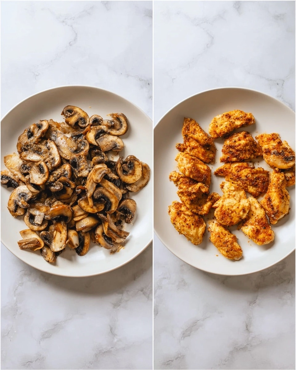 Two white round plates with food on a white marbled surface. The left plate has one layer of cooked sliced mushrooms, which are golden brown with darker edges. The right plate has one layer of five cooked, golden brown seasoned chicken pieces arranged side by side, showing a crispy texture. photo taken with an iphone --ar 4:5 --v 7