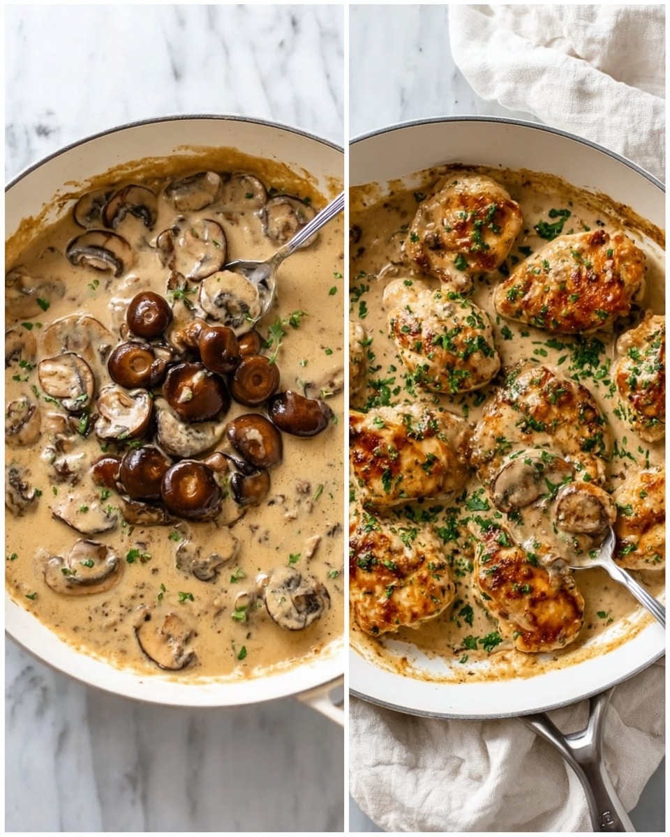 The first image shows a white pan on a white marbled surface filled with light brown creamy sauce with several cooked dark brown mushroom slices in the center, next to a silver spoon lifting some mushrooms. The second image shows the same white pan filled with several golden-brown cooked chicken pieces covered with the creamy mushroom sauce, with some sauce and mushrooms spread between the chicken pieces, sprinkled with some fresh chopped green herbs. A silver serving spoon rests inside the pan on the right side. The pan is sitting on a white cloth on a white marbled surface. Photo taken with an iphone --ar 4:5 --v 7