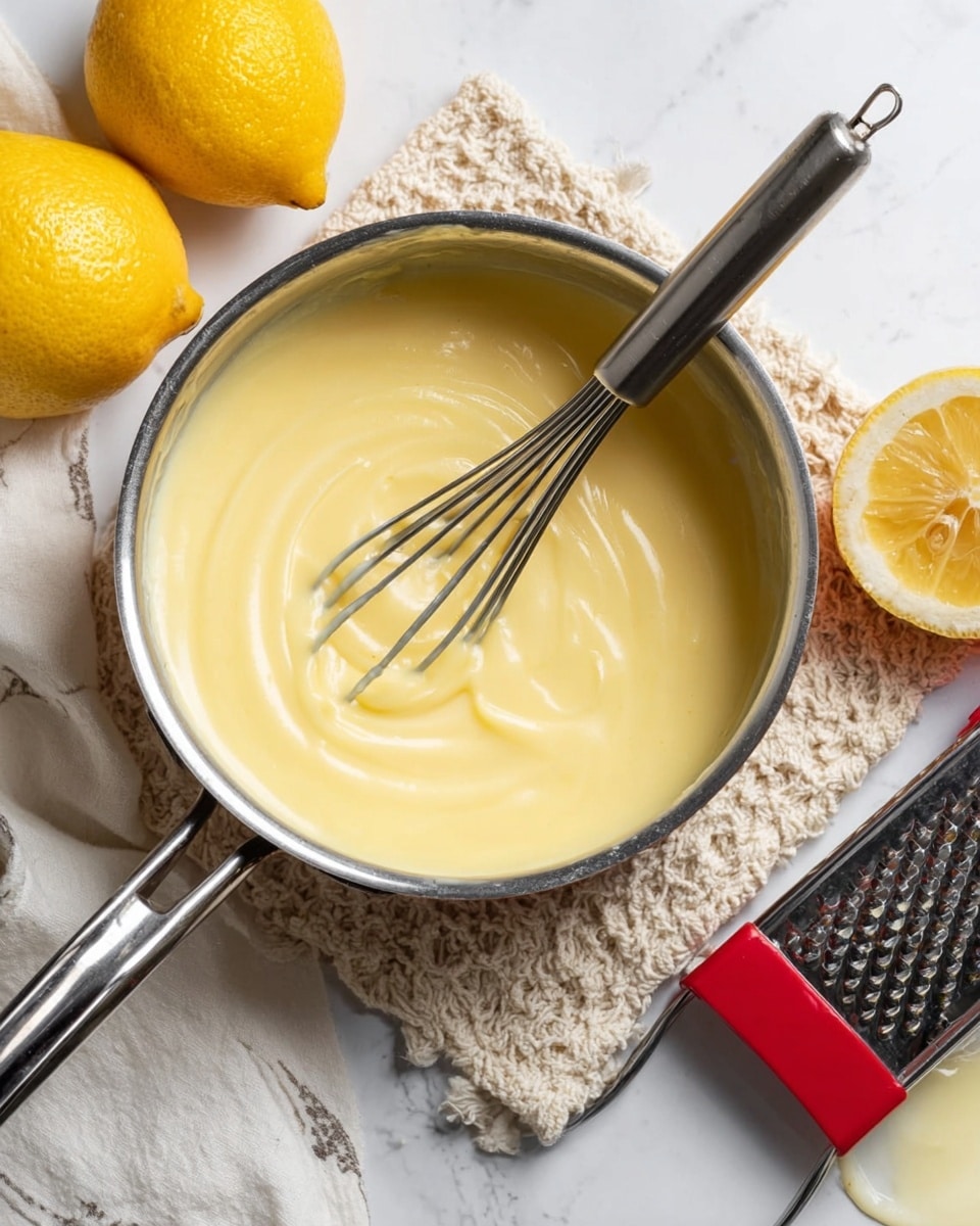 A small silver saucepan filled with a smooth, light yellow creamy mixture is being whisked by a metal whisk with a black handle. The saucepan sits on a cream-colored, knitted hot pad on a white marbled surface. To the top left, there are two bright yellow whole lemons and a white cloth with yellow and black patterns on the edge. On the right side, a red and black grater holds half a lemon with some lemon zest visible. photo taken with an iphone --ar 4:5 --v 7