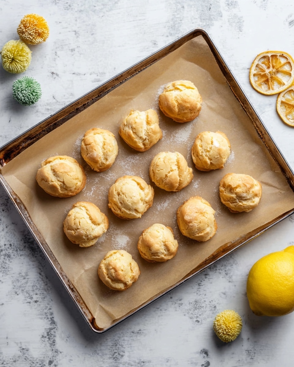A cream puff with two layers: the top layer is a golden-brown, slightly cracked puff pastry dusted with powdered sugar, and the bottom layer is a thick, light yellow cream piped in soft, ruffled swirls that slightly overflow the pastry. The puff sits on a round white plate with a smooth edge, placed on a white marbled surface. Photo taken with an iphone --ar 4:5 --v 7