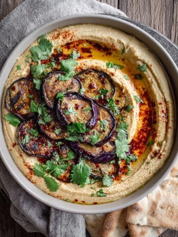 Caramelized Eggplant Hummus with Hot Honey and Cilantro Recipe