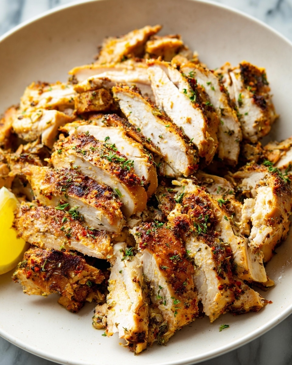 A white plate filled with sliced, cooked chicken layers showing a golden brown and white color with a crispy texture, sprinkled with herbs and spices giving green and reddish accents over the chicken. The chicken appears moist with a slightly charred surface. On the side of the plate, there is a yellow lemon wedge adding a bright color contrast. The plate rests on a white marbled surface. photo taken with an iphone --ar 4:5 --v 7