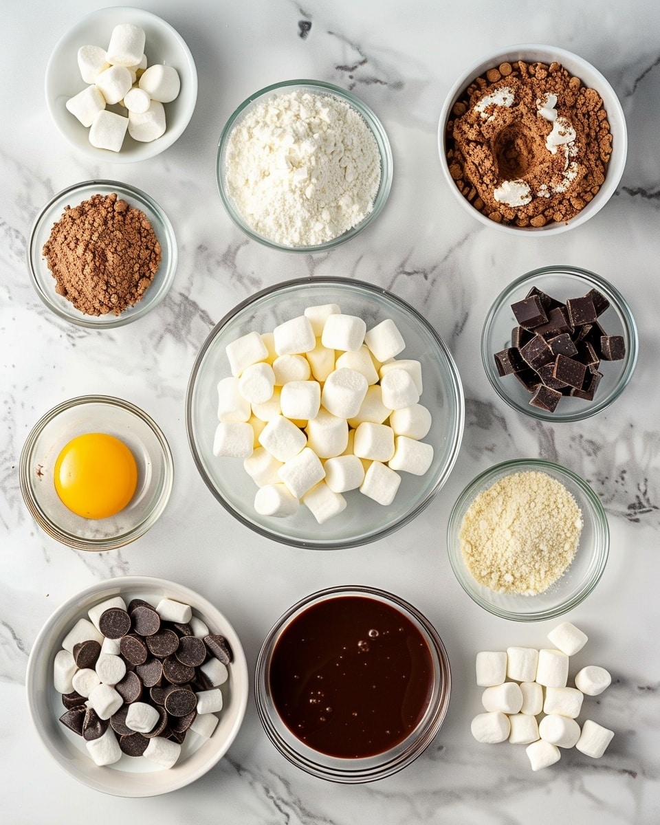 A white plate holds a thick slice of a chocolatey dessert with melted chocolate chips and white marshmallows mixed inside, giving it a textured, soft look. On top of the slice, there is a large scoop of smooth white ice cream. Around the plate, some whole chocolate chips and mini marshmallows are scattered on a white marbled surface. The scene is softly lit, and a woman's hand is gently holding the plate's edge. photo taken with an iphone --ar 4:5 --v 7