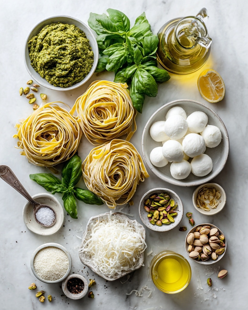 A white bowl holds a serving of wide pasta ribbons coated in a vibrant green pesto sauce, arranged in a loose, circular pile. On top of the pasta, there is a generous dollop of soft white cheese with a creamy texture, sprinkled with small chunks of green pistachios and a light drizzle of golden olive oil. The bowl is set on a white marbled surface, adding a clean and bright background to the dish. Photo taken with an iphone --ar 4:5 --v 7