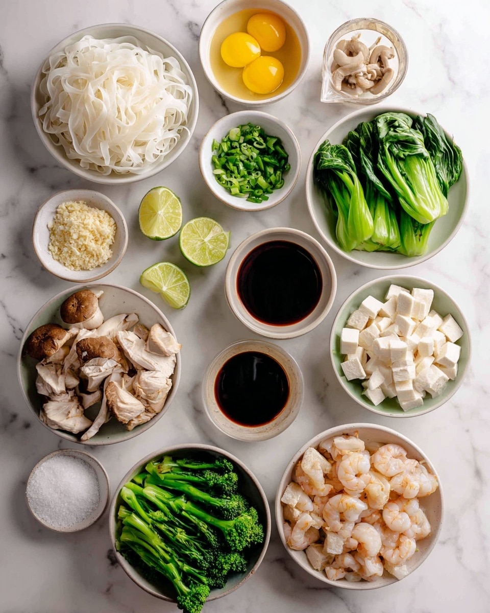 The dish shows a single white round plate filled with layers of wide flat noodles in a golden-brown color mixed with bright green leafy vegetables and stalks of broccoli. Small pieces of light golden cooked chicken are scattered through the noodles along with finely chopped green onions sprinkled on top. The textures vary from smooth noodles, crisp vegetables, and tender chicken. Around the plate are a few whole dried red chili peppers, and behind it sits a partially visible black bowl with more noodles and vegetables, plus two lime halves placed on a dark wooden surface beneath a gray cloth napkin. A gold fork rests on the right side of the plate. Photo taken with an iphone --ar 4:5 --v 7