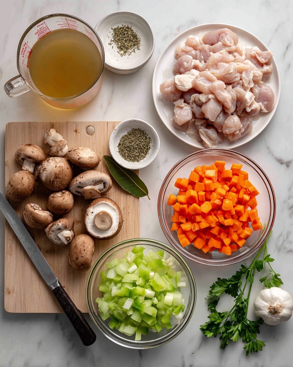 The image shows several cooking ingredients arranged neatly on a white marbled surface. On the left, a wooden cutting board holds whole and sliced brown mushrooms with a knife placed diagonally. To the right, clear glass bowls contain three layers of chopped vegetables: bright orange carrots in the top bowl, light green celery in the middle, and translucent white onions at the bottom. Above the bowls, a white plate is filled with light pink raw chicken pieces. Near the center is a small clear bowl with dried herbs topped by a green bay leaf. A Pyrex glass measuring cup filled with golden broth is placed at the top left. Fresh green parsley leaves and a white garlic bulb with separated cloves are scattered partly on the board and marble surface. Photo taken with an iphone --ar 4:5 --v 7