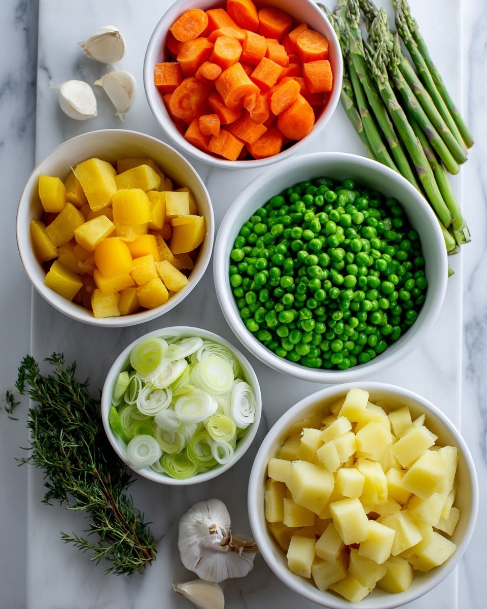 The image shows six white bowls with chopped vegetables placed on a white marbled surface. The largest bowl, on the top right, contains yellow potato pieces with skin on. Below it, a bowl holds orange carrot slices. To its left, another bowl is filled with bright green peas. Above the peas, a bowl contains white onion pieces, and next to it is a bowl with light green and white leek rings. The smallest bowl, at the bottom left, holds cut green asparagus tips and stalks. Fresh green herbs and three white garlic cloves are arranged near the bowls. Photo taken with an iphone --ar 4:5 --v 7