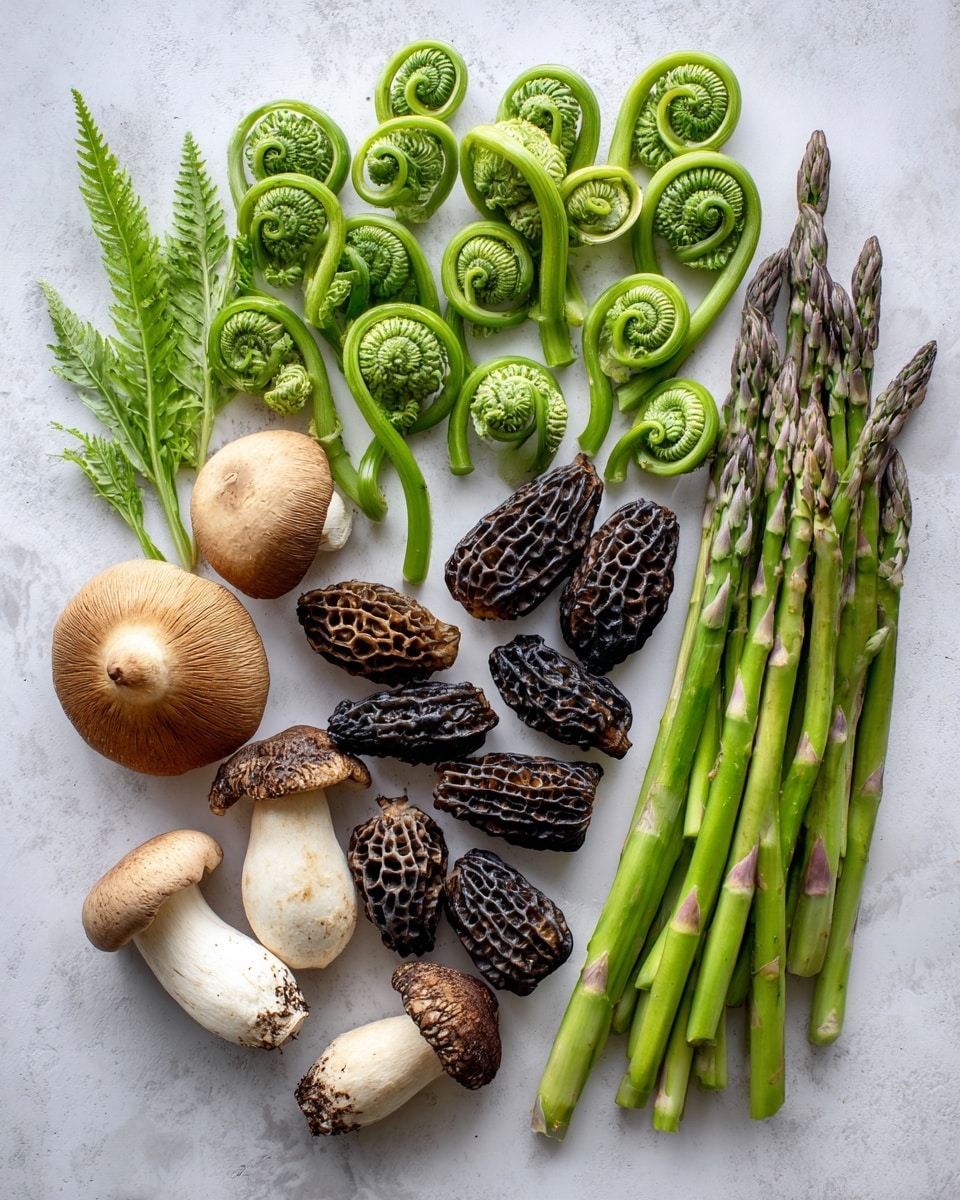 The image shows an arrangement of fresh vegetables and fungi on a white marbled textured surface. At the top and center, there are many bright green curled fiddlehead ferns varying in size, with a smooth texture and spiral shape. Below them, several dark brown, wrinkled morel mushrooms with a honeycomb pattern are scattered, some laying on their side to show their cream-colored stems. To the left, there are two large, smooth mushrooms, one light brown and one dark brown. On the right side, a small bunch of thin, fresh green asparagus stalks with purple tips lie in a neat group. The whole display emphasizes natural shapes and earthy colors, with fresh, raw textures. Photo taken with an iphone --ar 4:5 --v 7