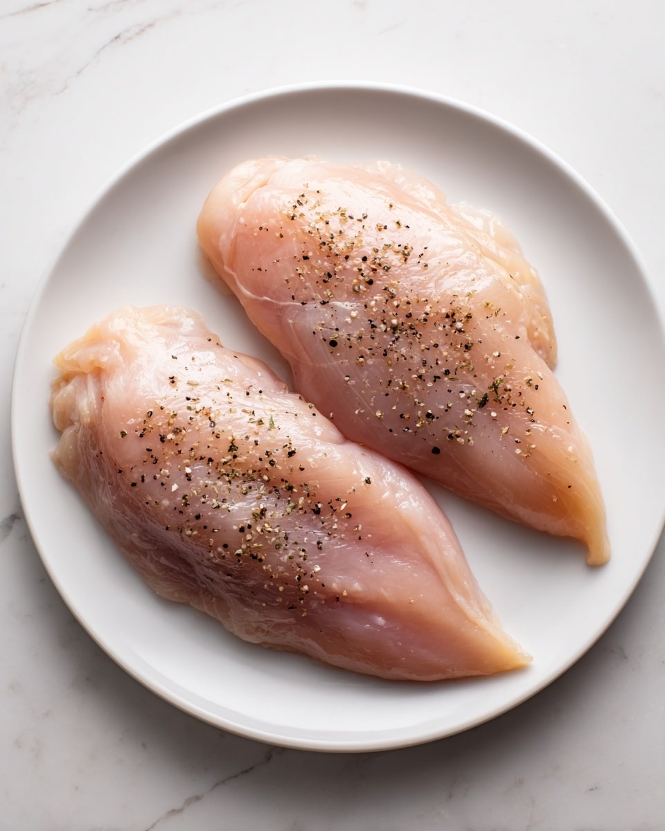 Two raw chicken fillets lie flat on a white plate, each fillet light pink with shiny, slightly wet texture. Both fillets are evenly sprinkled with coarse black pepper, adding tiny dark specks across the surface. The plate rests on a white marbled texture background, showing soft contrasts in beige and cream. The chicken pieces are slightly different in shape but similar in size, placed side by side with minimal space between them. photo taken with an iphone --ar 4:5 --v 7