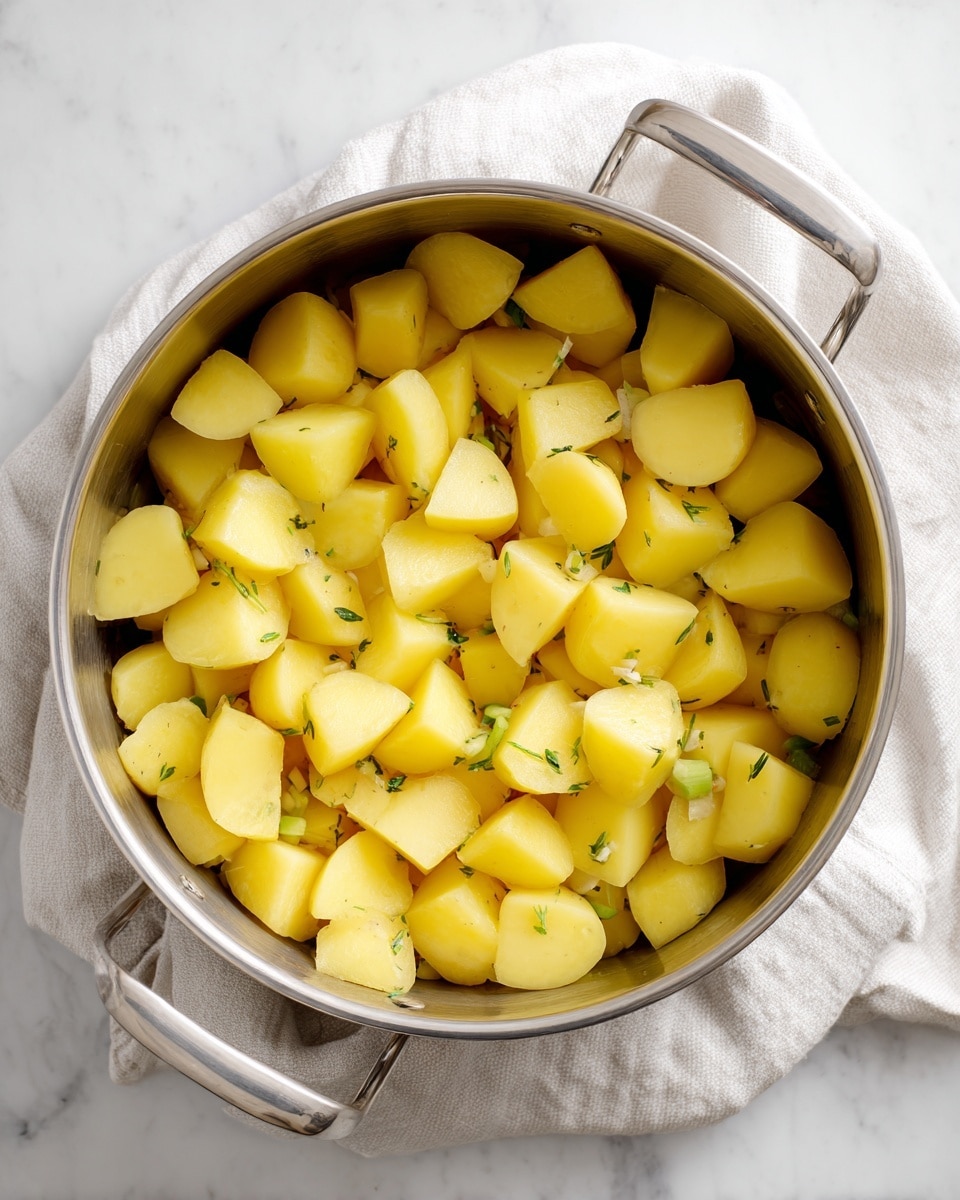 A large round silver metal pot is filled with one layer of medium-sized yellow potato chunks that have smooth surfaces and sharp edges, covering the entire top of the pot evenly. Below the potatoes, small pieces of green herbs and light-colored vegetables are slightly visible near the edges. The pot is placed on a white cloth on a white marbled surface. Photo taken with an iphone --ar 4:5 --v 7
