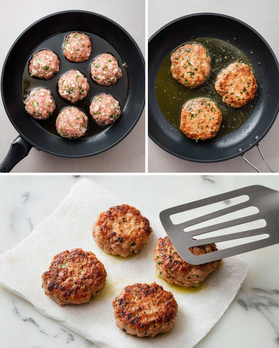 Five browned patties with a rough texture and small bits of onions and herbs inside sit centered on a round white plate. The patties are sprinkled with bright green chopped parsley on top. To the left side of the plate is a small white round ramekin filled with smooth yellow sauce. The plate is placed on a white marbled surface. photo taken with an iphone --ar 4:5 --v 7