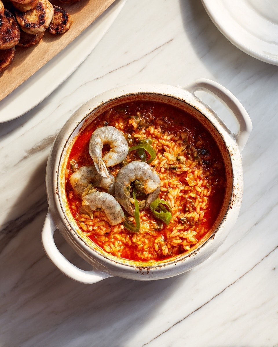 A white pot with two handles sits on a white marbled surface, filled with a vibrant red tomato sauce base. On the right side, there is a layer of cooked rice with orange-red tint blending into the sauce, with bits of green pepper visible. On top of the sauce and rice, on the left half, are several uncooked grayish-blue shrimp arranged in a loose cluster, their tails curling slightly. The pot looks rustic with some sauce stains near the edge, giving it a hearty and fresh feel. Part of a white plate with grilled chicken and sausage slices is visible at the top left corner, resting on the white marbled background. Photo taken with an iphone --ar 4:5 --v 7