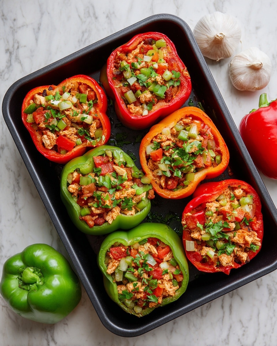 The image shows two stuffed bell peppers on a black plate against a white marbled surface. The pepper in the front is orange and cut in half, filled with mixed layers of diced light brown chicken pieces, small cubes of sausage, red and green bell pepper bits, and some melted cheese on top. The pepper in the back is whole, green, and also filled with the same mix of ingredients, which are brightly colored with red, green, and orange tones and some herbs sprinkled in. There is a red bell pepper and a black pan filled with more stuffing in the blurred background. Photo taken with an iphone --ar 4:5 --v 7