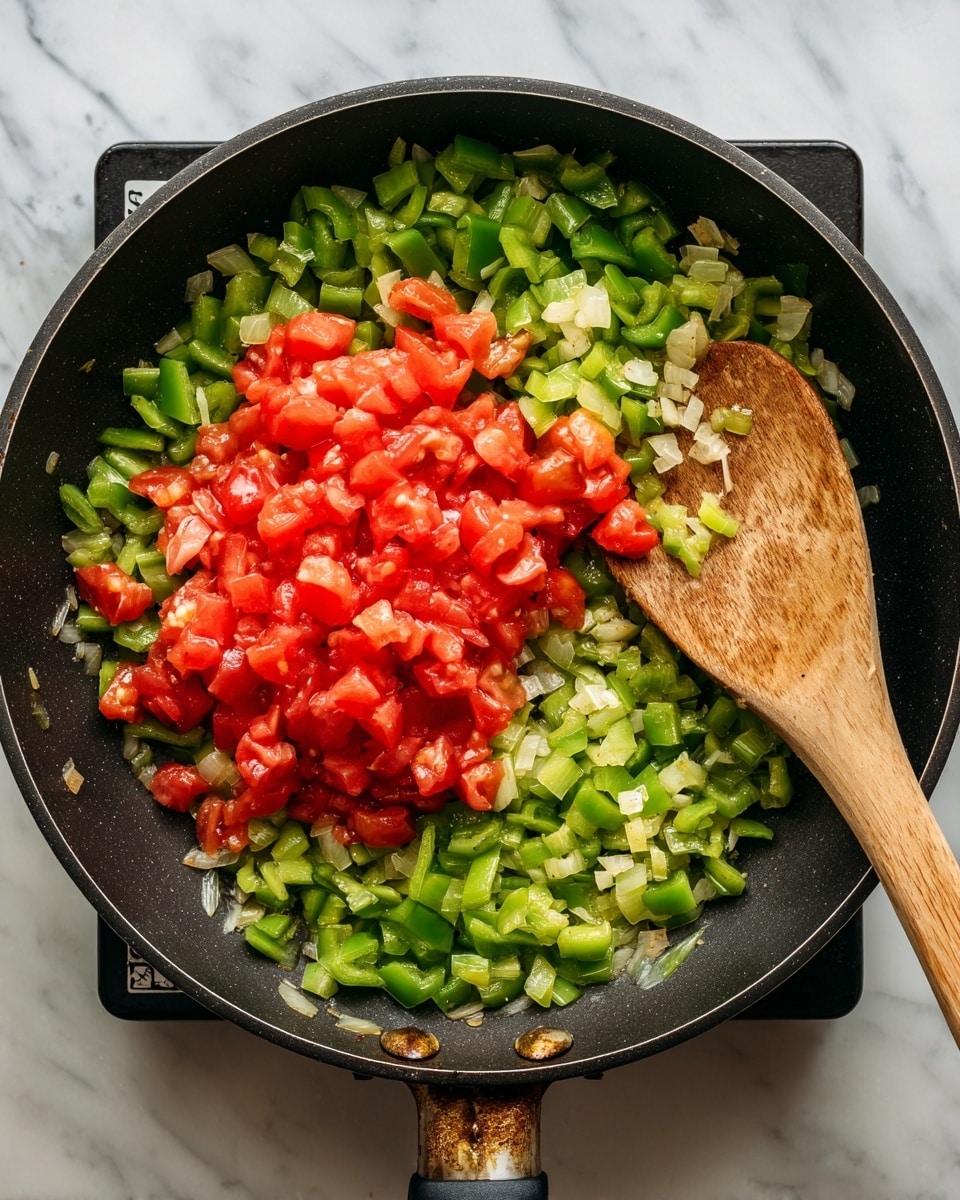 A black frying pan sits on a stove with a wooden spoon resting inside. Inside the pan, there is a mix of cooked chopped green bell peppers and small pieces of onions forming a ring around the center. Bright red diced tomatoes are placed in the middle of the pan, slightly overlapping the vegetables. The background is a white marbled surface. photo taken with an iphone --ar 4:5 --v 7