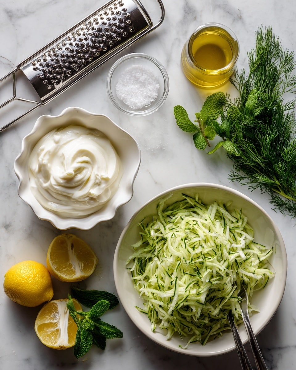 The image shows two side-by-side scenes on a white marbled surface. On the left, a white measuring cup holds thick, creamy white yogurt next to a small white scalloped bowl filled with golden olive oil. A tiny glass bowl contains white salt. Fresh green herbs including mint and dill lie next to two lemon halves and a partially peeled cucumber. A metal grater is also visible at the top left. On the right side, white bowl is filled with shredded pale green cucumber mixed with small herbs. The metal grater rests on the bowl with bits of cucumber stuck to it. The scene highlights fresh ingredients ready for a cucumber yogurt salad. Photo taken with an iphone --ar 4:5 --v 7
