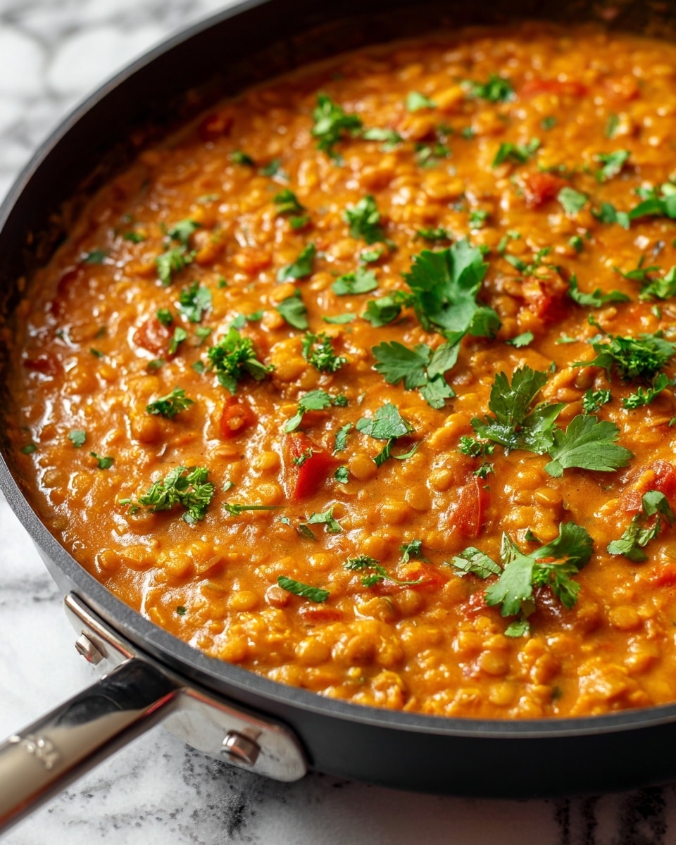 A white plate holds a serving of white rice on the left side, with a thick, orange-brown lentil curry covering the right side and part of the rice. The curry has a rich, slightly chunky texture with visible lentils and is topped with thin swirls of white cream and sprinkles of chopped green herbs. The plate rests on a white marbled surface. Photo taken with an iphone --ar 4:5 --v 7