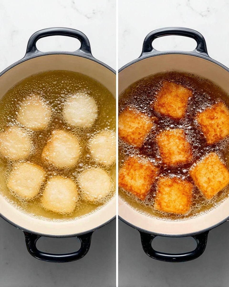 Two images side by side show a clear glass bowl on a white marbled surface. The left bowl contains dry yeast granules that are light brown and spread out unevenly. A black-handled metal whisk is inside the bowl, positioned to the right. The right bowl shows the yeast mixed with water and now has a creamy, bubbly froth layer with small bubbles covering the surface. Both bowls are clear, and the white marbled surface is bright and clean. photo taken with an iphone --ar 4:5 --v 7