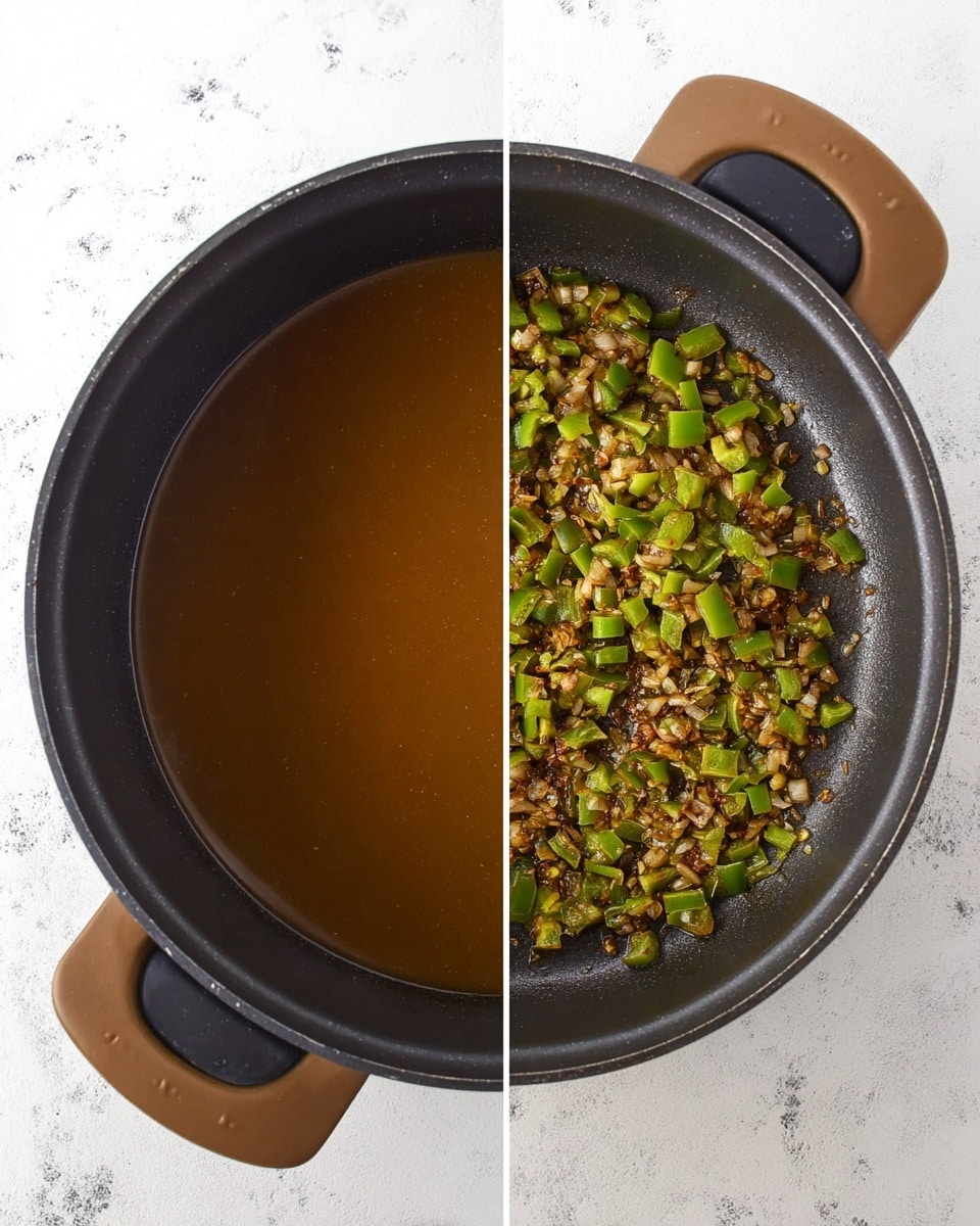 The image shows two side-by-side top views of a dark cooking pot with brown handles placed on a white marbled surface. On the left side, the pot contains a smooth, shiny brown liquid spread evenly across the bottom. On the right side, the pot holds a mixture of finely chopped green bell peppers and onions sautéed together, showing a glossy texture with small browned bits, filling the center of the pot and revealing the dark pan around the edges. Photo taken with an iphone --ar 4:5 --v 7