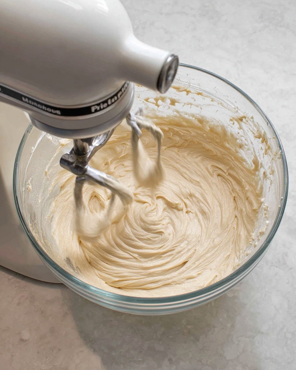 A clear glass bowl sits on a white marbled surface, filled with a thick, creamy light beige mixture that is being whipped by two metal beaters attached to a white electric mixer labeled