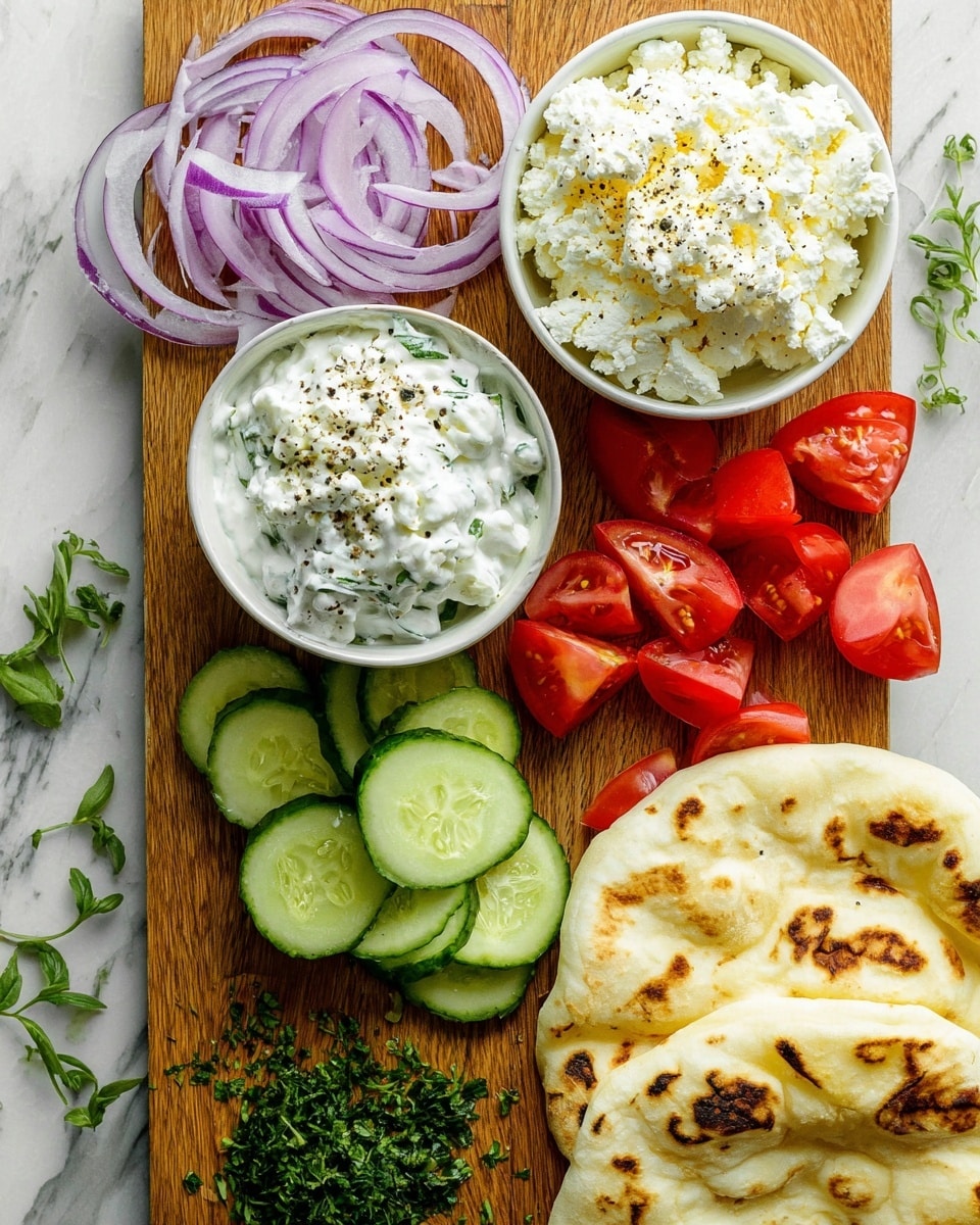 The image shows three wraps placed side by side on a white paper-lined silver tray. Each wrap is wrapped partially in brown parchment paper and filled with several visible layers: a soft white flatbread holding layers of green lettuce, red cherry tomatoes, thin slices of cucumber, strips of grilled meat, small white crumbles of cheese, and drizzled white sauce with sprinkled black pepper. To the right of the wraps, there is a pile of golden-yellow French fries with a slightly crisp texture. Above the fries, there is a white bowl filled with a creamy sauce topped with chopped herbs and black pepper, and a spoon rests inside. A lemon wedge and some thin slices of red onion are scattered near the bottom left corner of the tray. The surface underneath the tray is a white marbled texture photo taken with an iphone --ar 4:5 --v 7