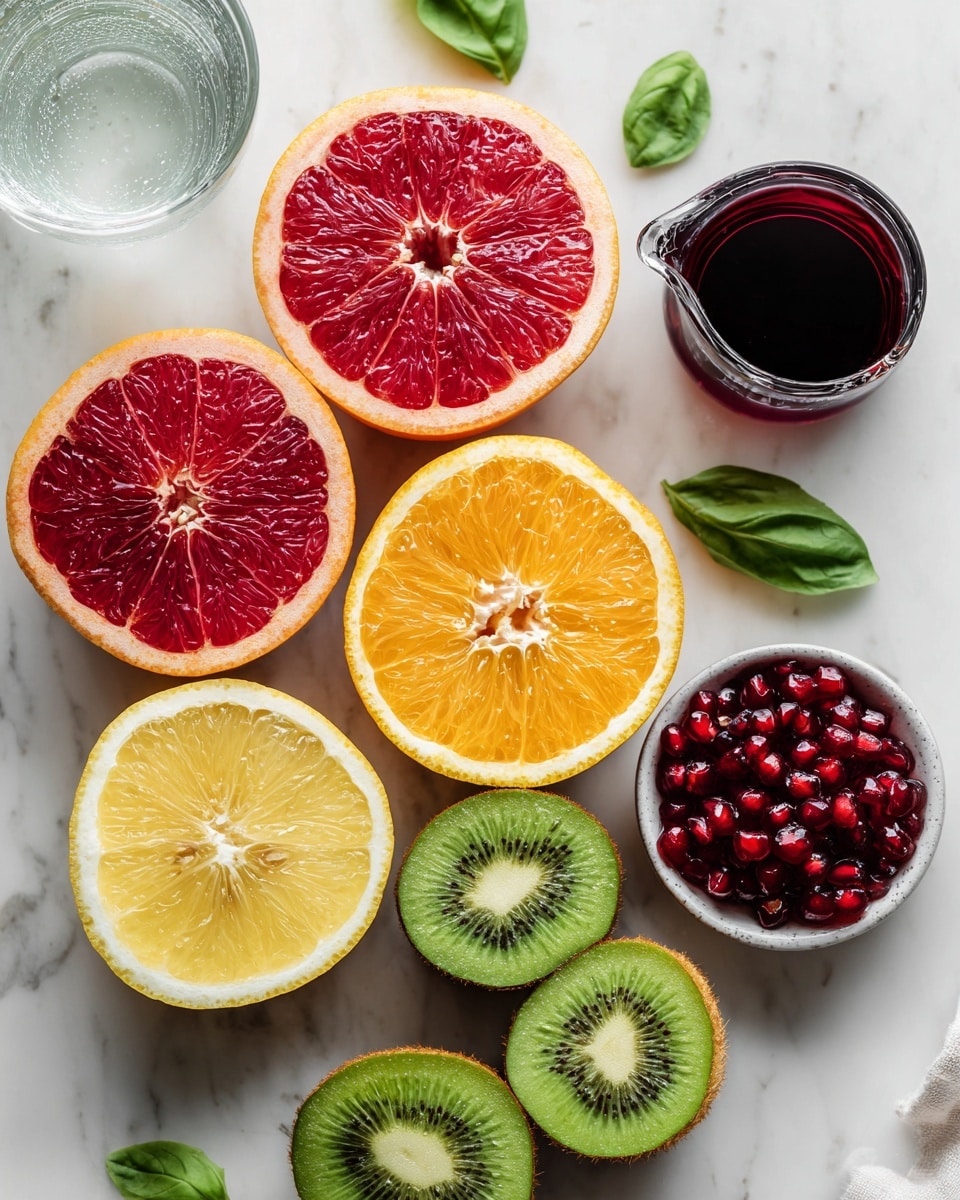 The image shows several halves of fruit arranged on a white marbled surface: two red grapefruit halves with bright pink flesh, two orange halves with vibrant orange segments, two lemon halves with pale yellow flesh, and two kiwi halves with green flesh and black seeds. There is a small bowl filled with deep red pomegranate seeds to the right, next to a measuring cup holding dark red liquid. A glass filled with clear water is visible near the top left, and fresh green basil leaves rest near the bottom left of the arrangement. Everything is placed neatly with good lighting highlighting the colors and textures of the fruits and herbs. photo taken with an iphone --ar 4:5 --v 7