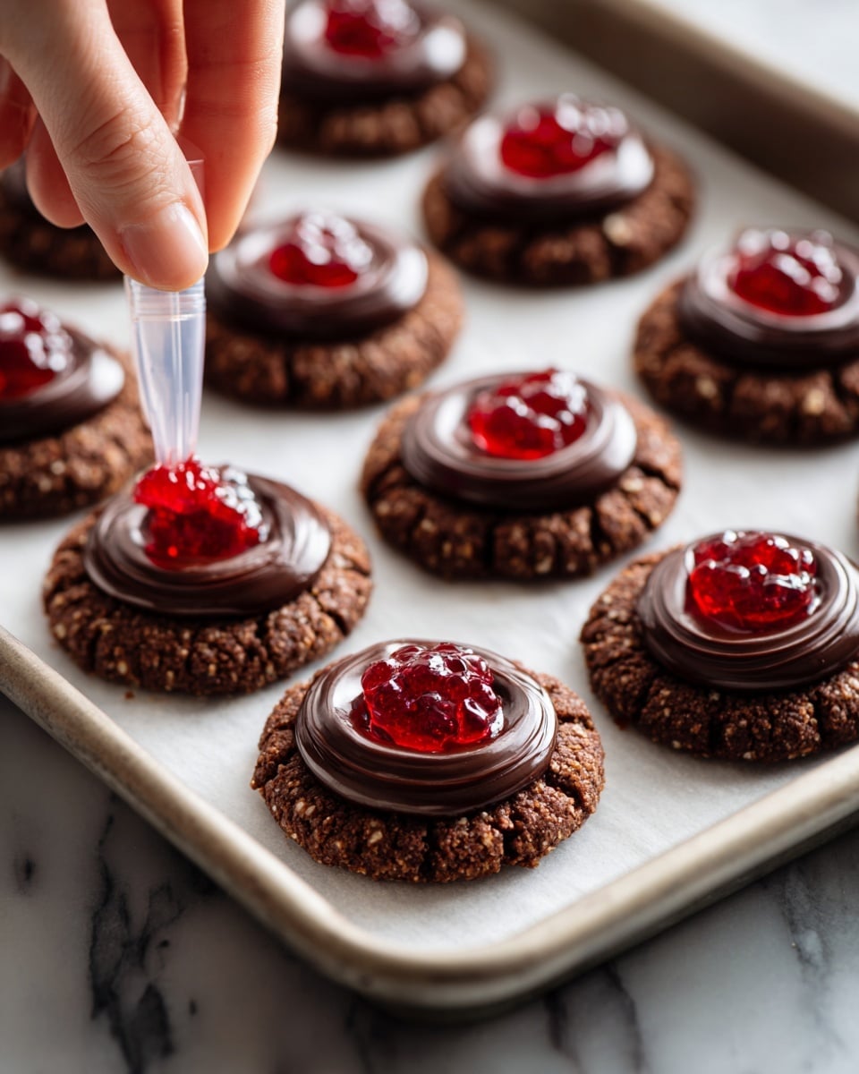 The image shows a metal baking tray lined with white parchment paper, holding several small round chocolate cookies arranged in rows. Each cookie has two layers: the base is a dark brown, textured cookie with a slightly cracked surface, and the top layer is a smooth, glossy ring of rich, dark chocolate frosting piped around the edges. Inside the center of each frosting ring is a small dollop of bright red jelly being added by a woman's hand holding a clear piping bag filled with the jelly. The background is a white marbled texture. Photo taken with an iphone --ar 4:5 --v 7