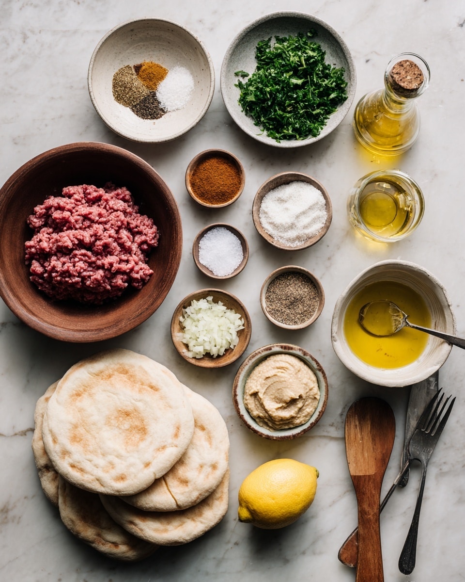 The dish shows multiple pieces of flatbread stuffed with a brown minced meat filling, arranged on a white plate. The flatbread has a golden-brown crispy top layer and a soft inner layer filled with a finely textured meat mix that is seasoned with green herbs. The pieces are stacked in two layers, some whole and some broken to reveal the filling inside. Around the flatbread, there are bright red radishes with leafy tops and fresh green herbs scattered. A lemon wedge with a bright yellow rind and pale yellow inside is placed on the side. In the back, there is a white bowl with a creamy, light sauce garnished with small green herbs. All is set on a white marbled surface with a soft, natural light photo taken with an iphone --ar 4:5 --v 7