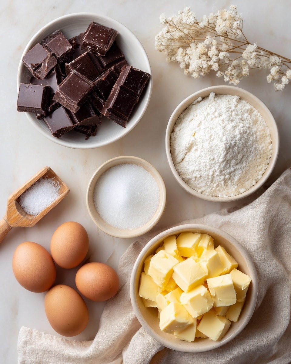 The image shows a white marbled surface with six groups of ingredients arranged neatly. In the top left, there is a white bowl filled with dark chocolate squares, dark brown and shiny. Below it, a white bowl with a fine white powder, likely flour. Below that, another white bowl filled with yellow cubed butter pieces. To the right of the butter, a beige bowl with white granulated sugar sits on a folded cream-colored cloth. Near the center are three brown eggs arranged close together. Above the eggs is a small wooden scoop holding coarse white salt, with some soft white dried flowers to the right. The photo taken with an iphone --ar 4:5 --v 7