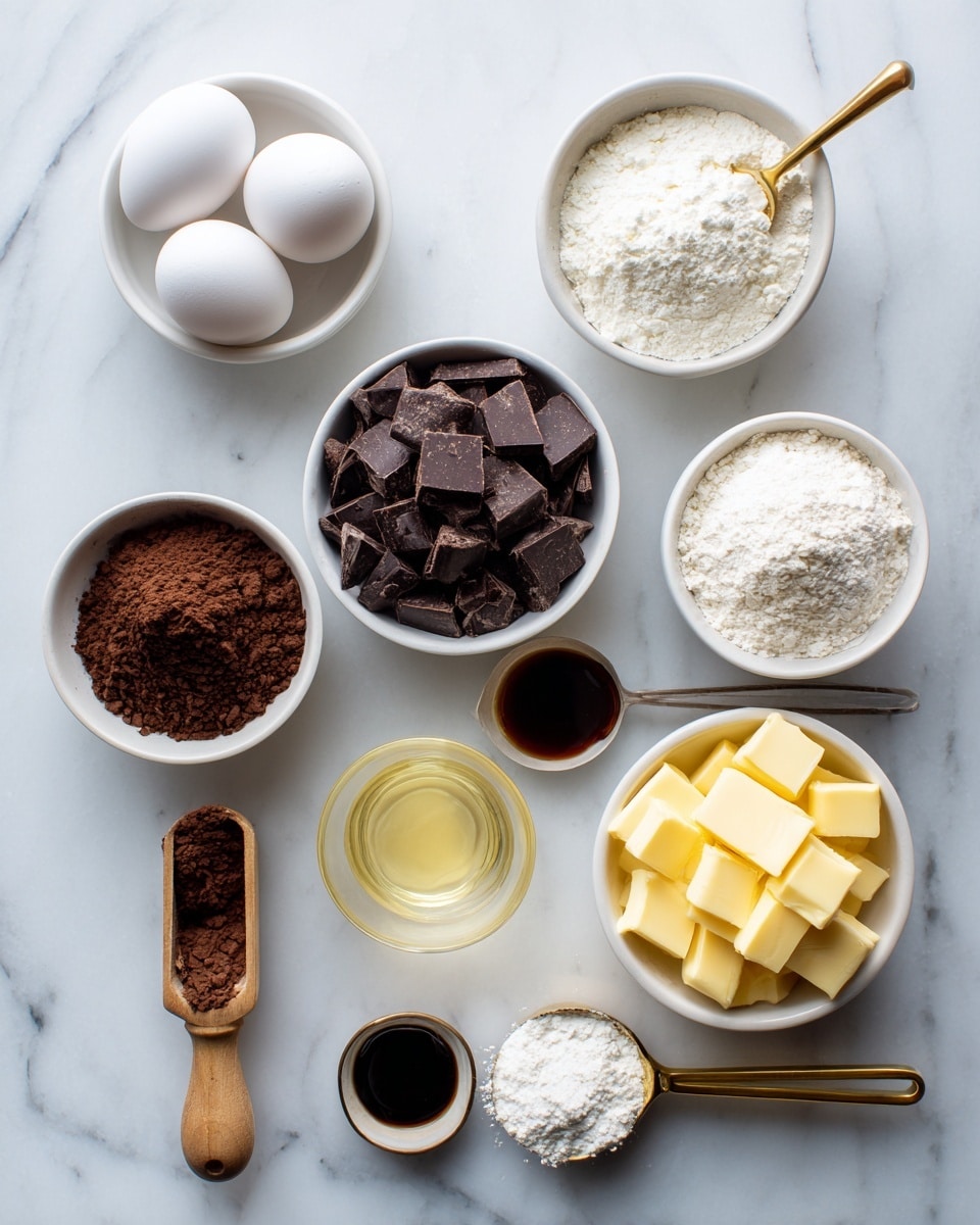 A group of nine small white bowls and one white scoop are arranged on a white marbled surface. Starting from the top, there is a small bowl with three white eggs, to its right a bowl full of white sugar. Below the eggs, a bowl is filled with dark brown chocolate chips, and below that to the left, a bowl contains chopped dark chocolate pieces. In the center, a scoop of dark brown cocoa powder lies next to a small container of clear light yellow liquid. Below them is a tiny bowl with dark brown vanilla extract, and to the right, a small drink measuring spoon with white powder. At the bottom right corner, a bowl filled with cut yellow butter cubes sits next to a gold-handled measuring cup with white flour. A small wooden scoop holds some salt above the flour. photo taken with an iphone --ar 4:5 --v 7