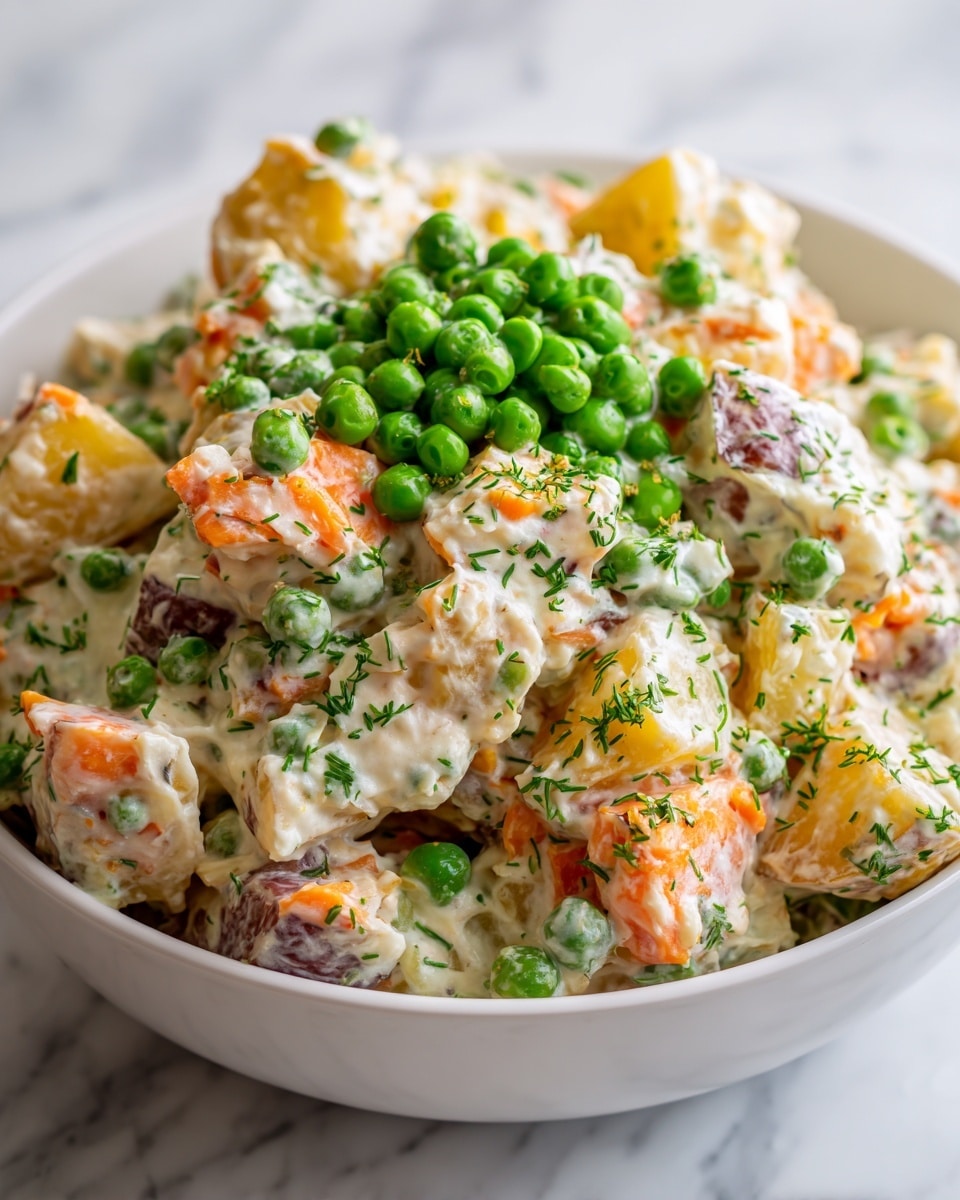 A close-up view of a white bowl filled with a creamy mixed salad that has three visible layers of toppings on the right side: bright green peas piled in the top center, chopped green herbs like chives in the middle, and dried green herbs scattered on the upper right. The salad itself is chunky, made up of small pieces of light cream-colored potatoes, orange carrots, and white meat mixed with a thick creamy white sauce. The bowl rests on a white marbled surface. photo taken with an iphone --ar 4:5 --v 7