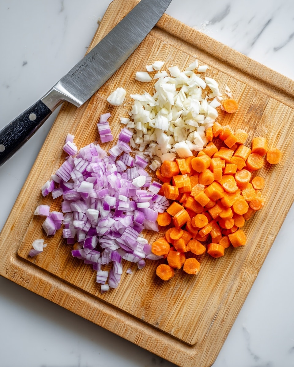The image shows a wooden cutting board on a white marbled surface with three separate piles of chopped vegetables arranged from left to right: diced purple onion pieces, small white garlic chunks, and sliced orange carrot rounds that are stacked to form two small rows. A large silver knife with a black handle rests flat on the cutting board near the top left, angled towards the vegetables. The scene is brightly lit in natural light, highlighting the fresh textures and colors of the ingredients. photo taken with an iphone --ar 4:5 --v 7