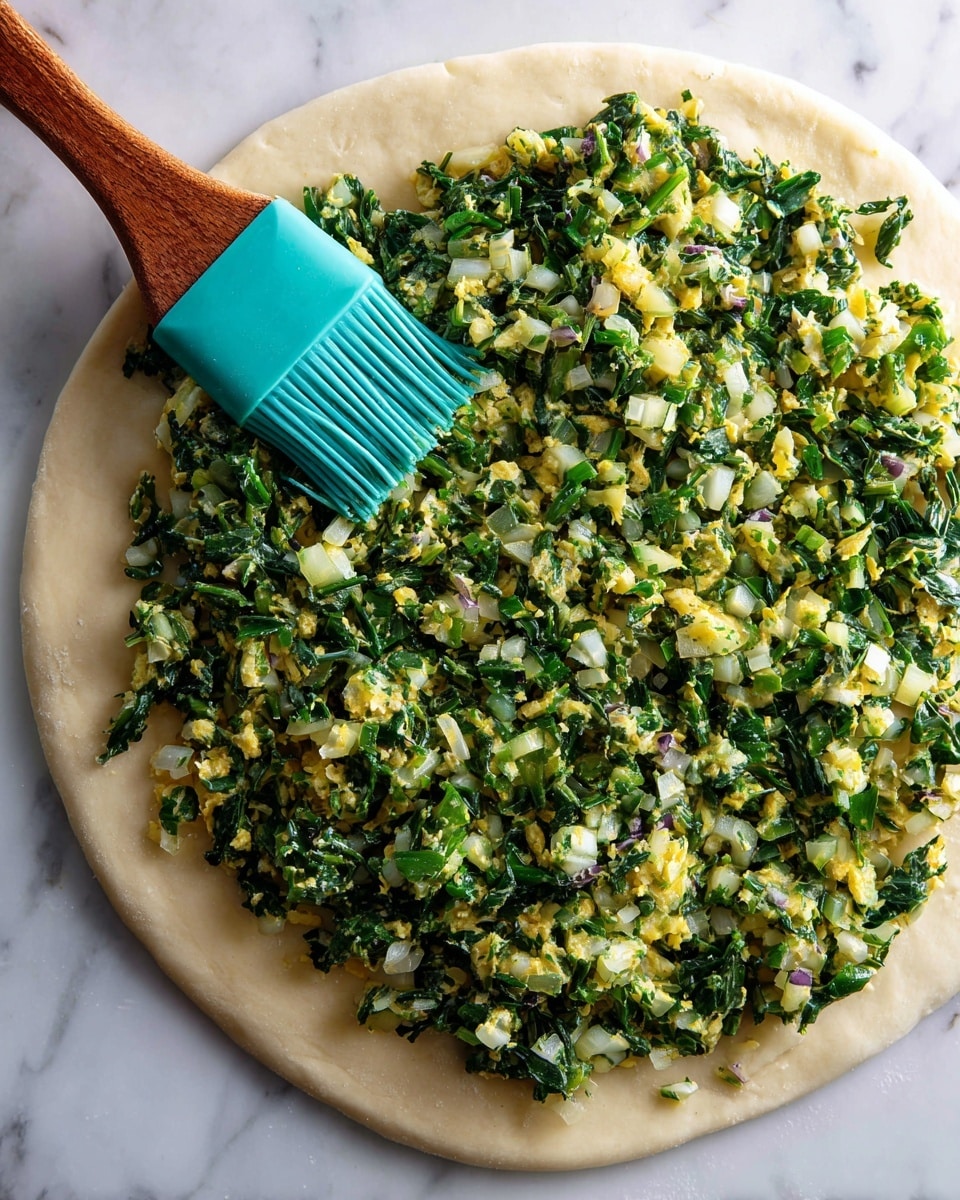 A round layer of rolled dough laid flat on a white marbled surface, topped with a thick, uneven spread of chopped green leafy vegetables mixed with small pieces of light yellow and white ingredients, giving a coarse texture. A turquoise silicone brush with a brown handle is placed on the left side, brushing the dough around the topping. The dough edge is visible, and the topping covers most of the center, leaving a small border. Photo taken with an iphone --ar 4:5 --v 7