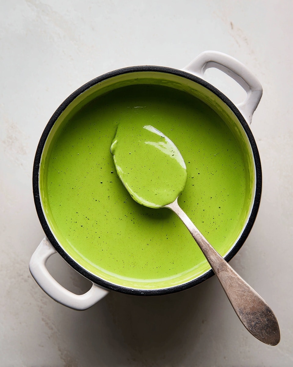 A white pot with a black handle is shown filled with a smooth, bright green creamy sauce. A silver spoon rests inside the pot, partially dipped in the sauce, with some sauce clinging to it. The pot sits on a white marbled surface, with soft natural light highlighting the vibrant green color and creamy texture of the sauce. The scene has a clean and simple look. photo taken with an iphone --ar 4:5 --v 7