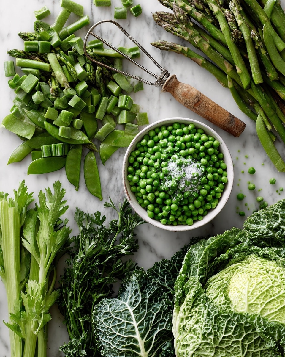 The image shows a collage of fresh green vegetables and herbs placed on a white marbled surface in three sections. The top left section has chopped green asparagus, snap peas cut into pieces, slender stalks of broccolini, and a wooden-handled wire skimmer resting among them. The top right section features a white bowl filled with frozen green peas topped with some salt, next to loose bright spinach leaves scattered beside it. The bottom section displays various fresh herbs including long celery stalks with leaves, curly parsley, sprigs of thyme, flat-leaf parsley, and large textured savoy cabbage leaves, all laid out neatly. The overall color is different shades of green with fresh, natural textures, photo taken with an iphone --ar 4:5 --v 7