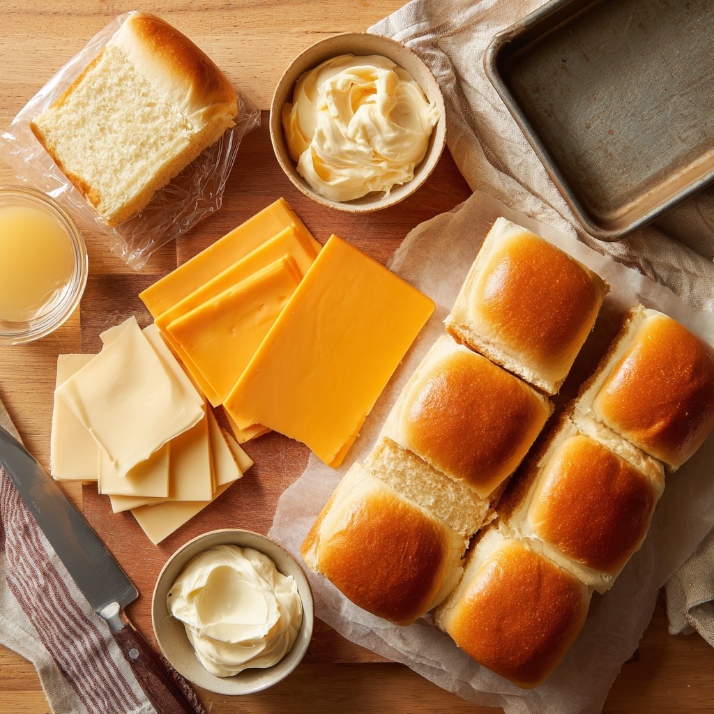 A close-up of a small sandwich slider held by a woman's hand on a spatula, showing three visible layers: the top layer is a soft, shiny golden brown bun with smooth texture and slight cracks; the middle layer is melted yellow and white cheese that looks creamy and stringy; the bottom layer is a fluffy white bread base. In the background, there are multiple sliders connected in a baking tray, all with similar shiny golden brown tops and soft textures. The whole scene is set on a white marbled surface. Photo taken with an iphone --ar 4:5 --v 7
